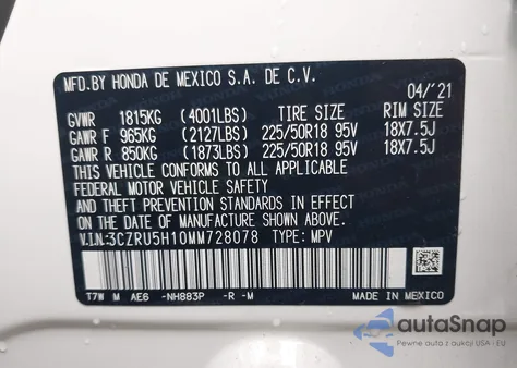 2021 Honda Hr-V 2Wd Sport из США, поврежденный, VIN 3CZRU5H10MM728078